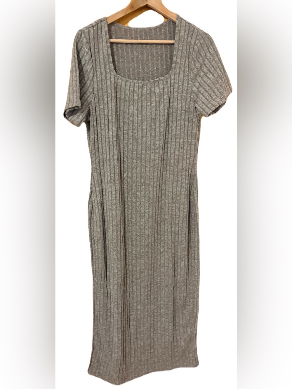 SHEIN Ribbed Square Neck Short Sleeve Maxi Dress in Taupe